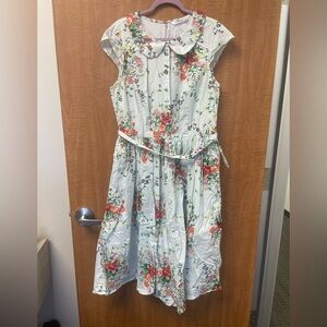 eShakti Floral Womens Dress with Belt - light blue and Red